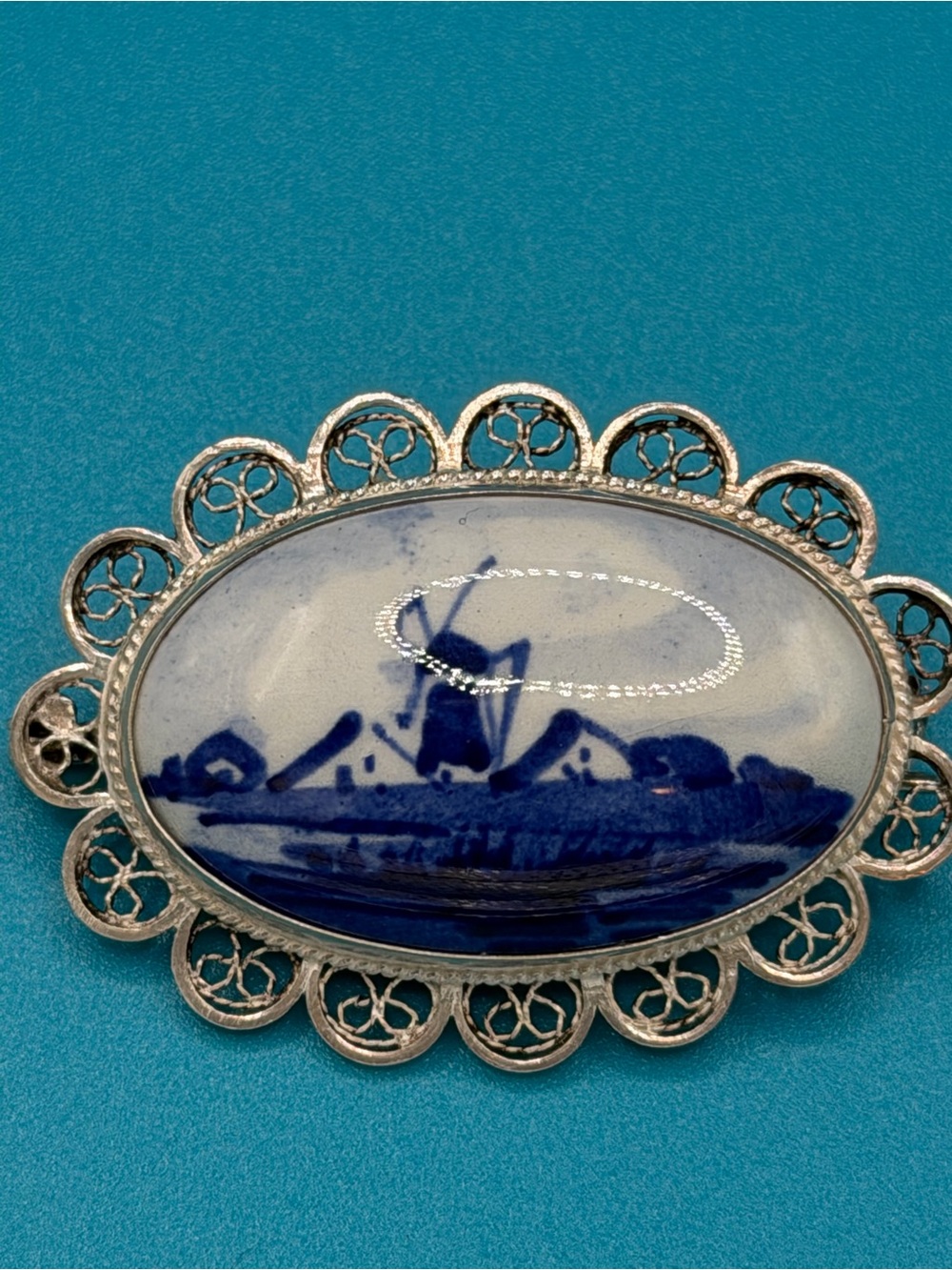 Vintage Blue Delft Holland (Signed) • Porcelain & Silver Filigree Brooch